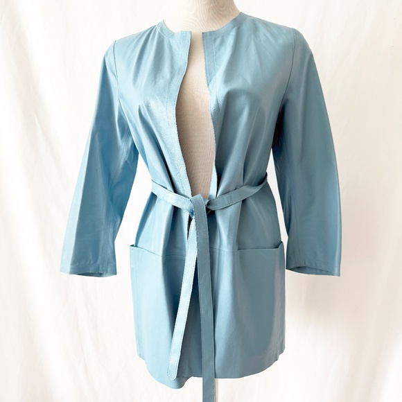 Light Blue Leather Jacket/ Belted with pockets / NWT / Small - Picture 1 of 6